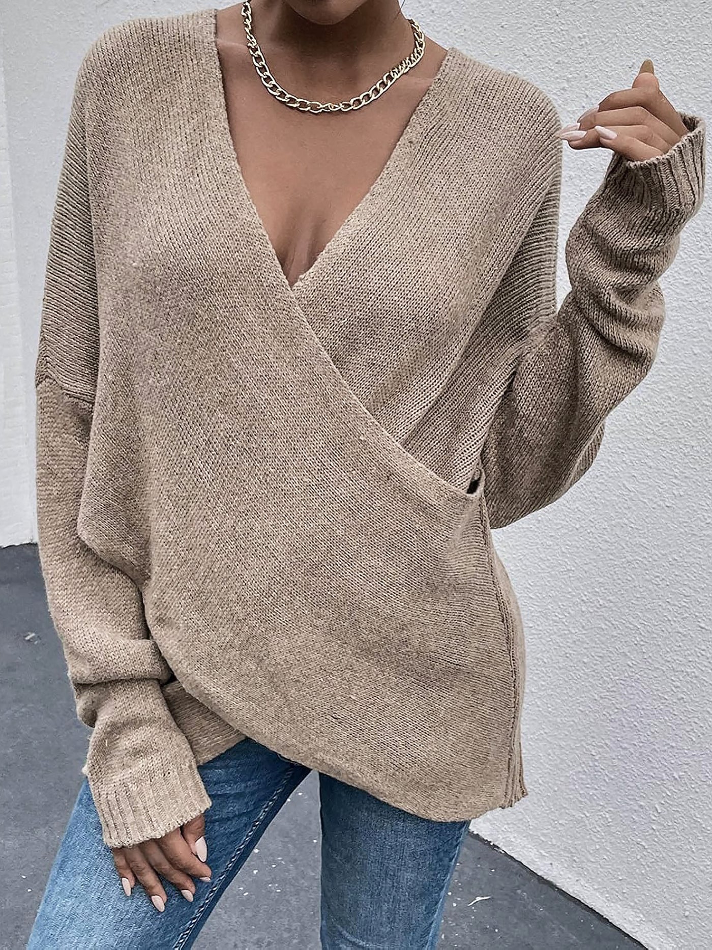 Allegra K Cross V Neck Solid Color Long Sleeves Casual Sweater