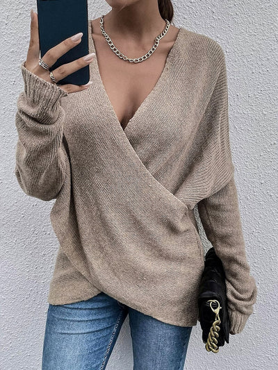 Cross V Neck Solid Color Long Sleeves Casual Sweater