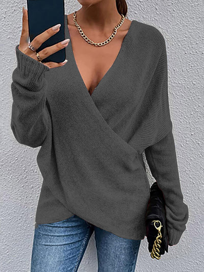 Cross V Neck Solid Color Long Sleeves Casual Sweater