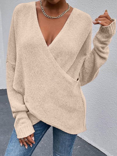 Cross V Neck Solid Color Long Sleeves Casual Sweater