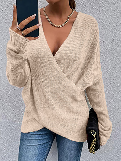 Cross V Neck Solid Color Long Sleeves Casual Sweater