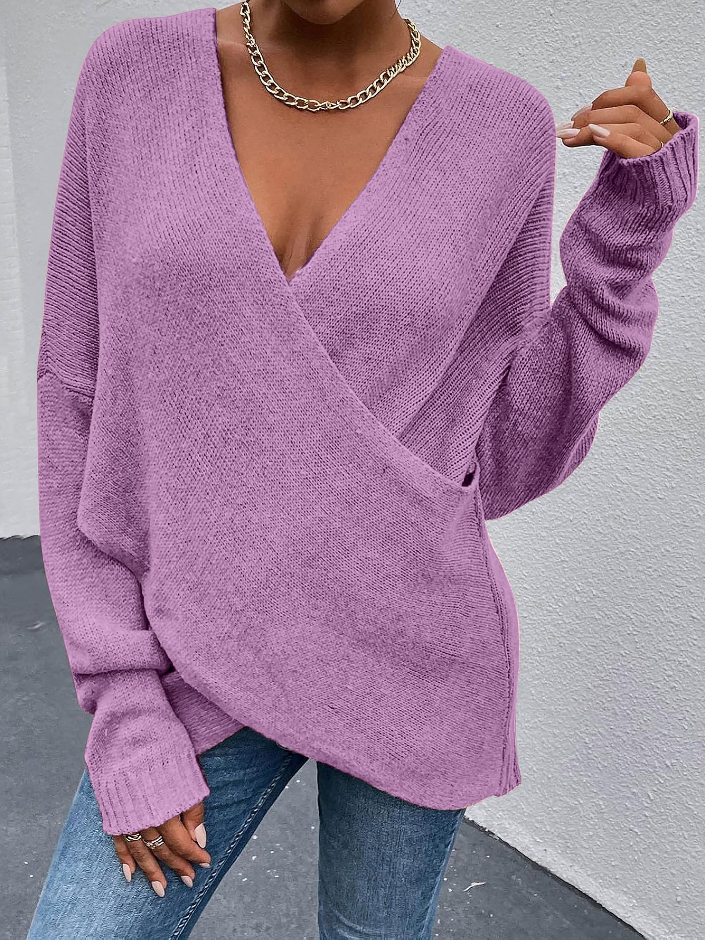 Allegra K Cross V Neck Solid Color Long Sleeves Casual Sweater