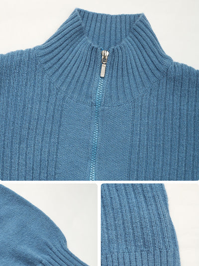 Stand Collar Solid Color Ribbed Knit Zipper Cardigan