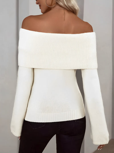 Solid Color Off Shoulder Long Sleeves Knitted Sweater