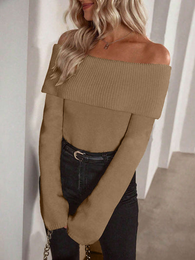 Solid Color Off Shoulder Long Sleeves Knitted Sweater