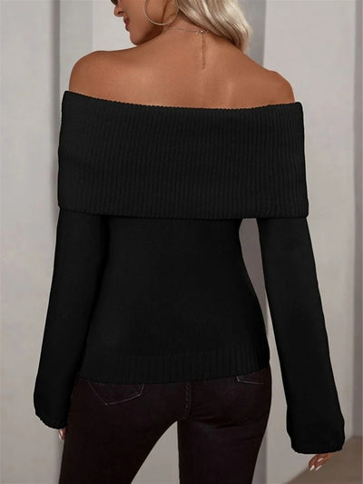 Solid Color Off Shoulder Long Sleeves Knitted Sweater