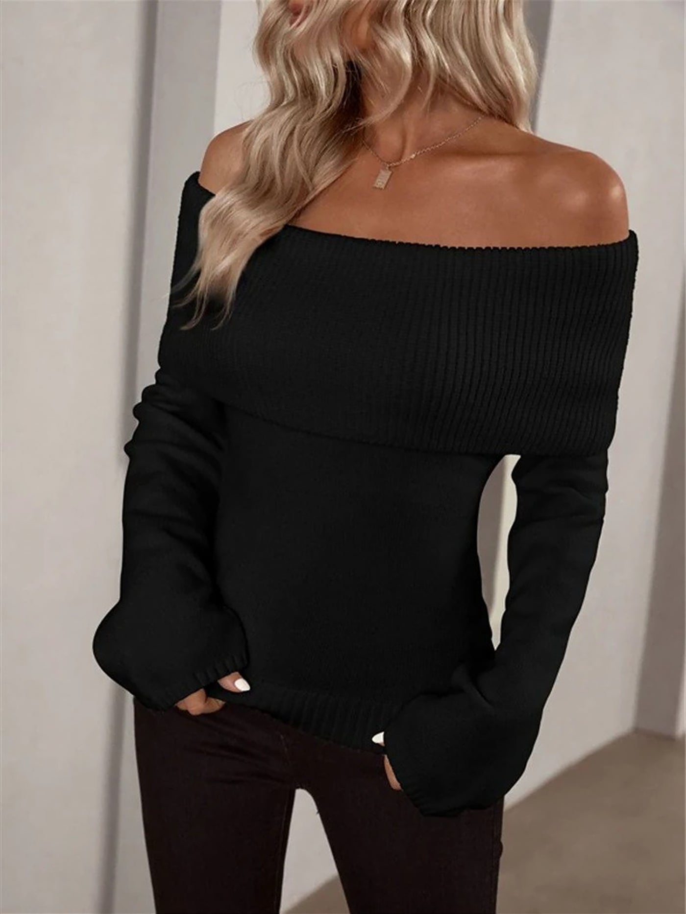 Allegra K Solid Color Off Shoulder Long Sleeves Knitted Sweater