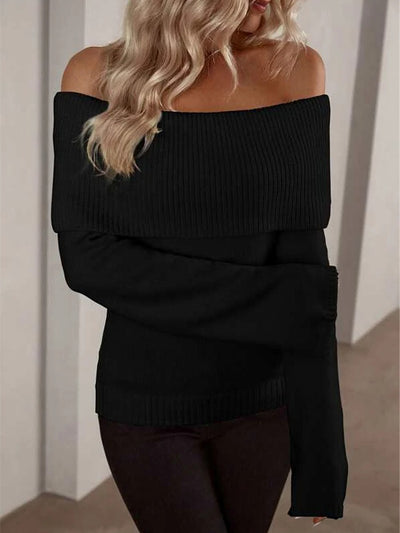 Solid Color Off Shoulder Long Sleeves Knitted Sweater