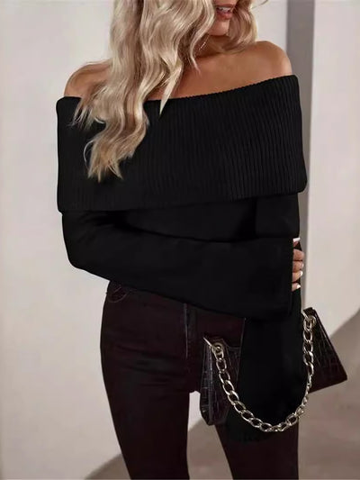 Solid Color Off Shoulder Long Sleeves Knitted Sweater