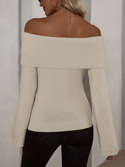 Solid Color Off Shoulder Long Sleeves Knitted Sweater