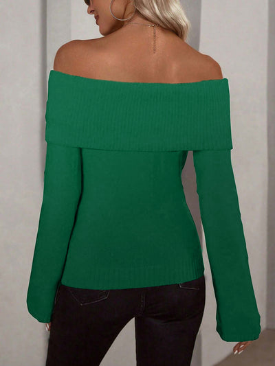 Solid Color Off Shoulder Long Sleeves Knitted Sweater