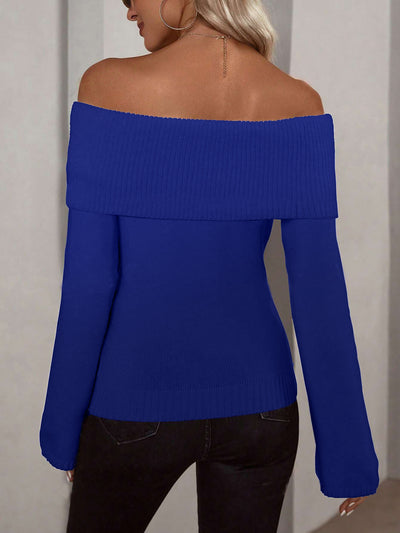 Solid Color Off Shoulder Long Sleeves Knitted Sweater