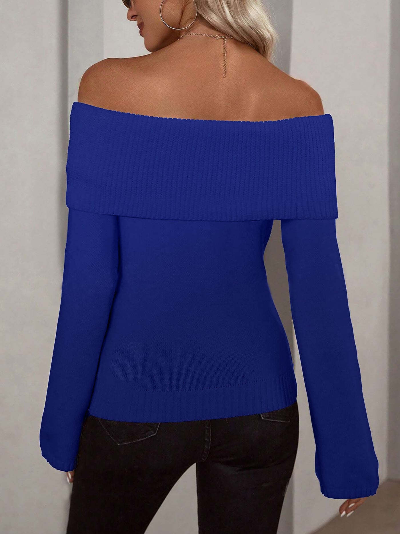 Allegra K Solid Color Off Shoulder Long Sleeves Knitted Sweater