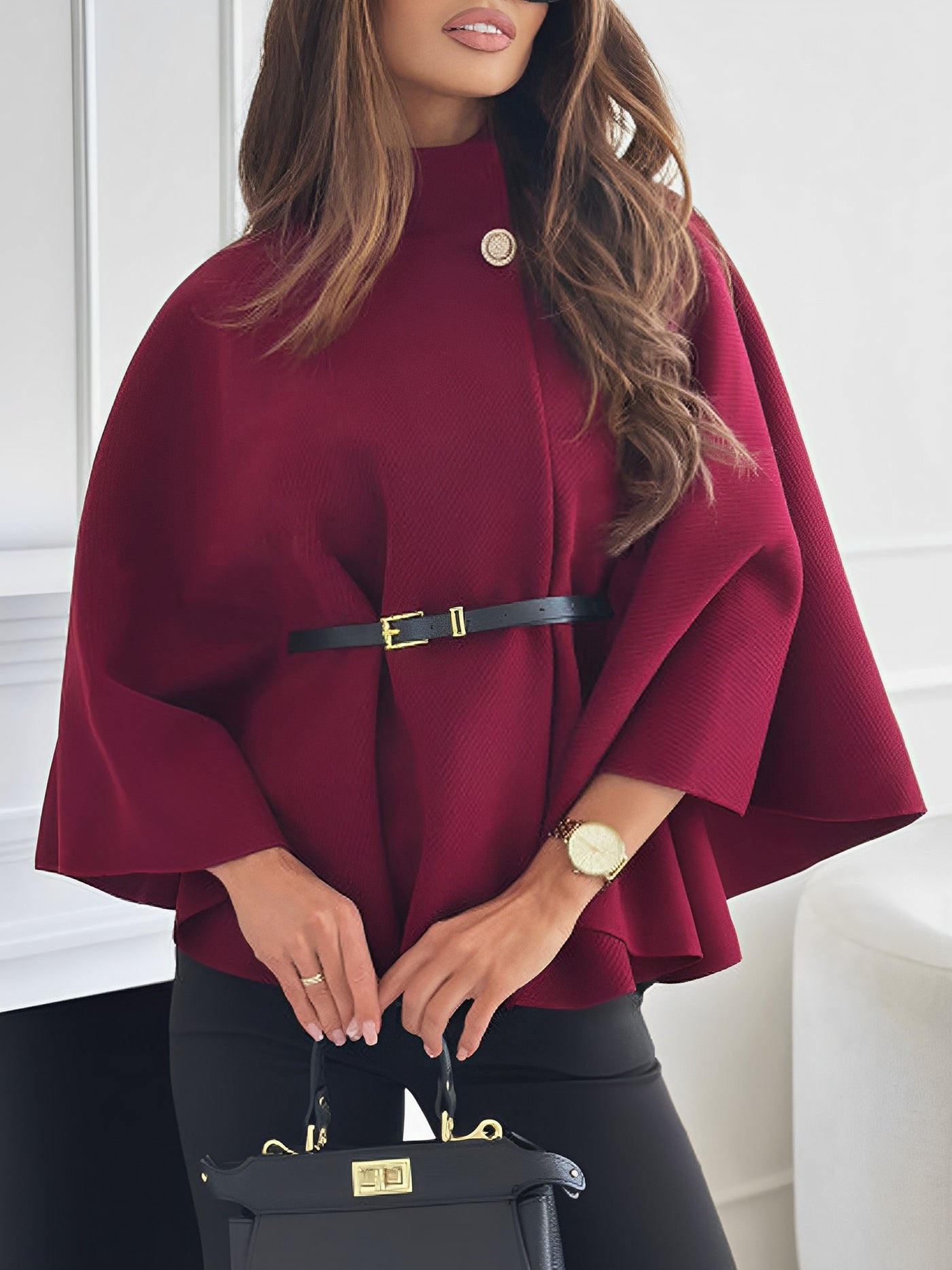 Allegra K Mock Neck Belted Solid Color Cape Coat