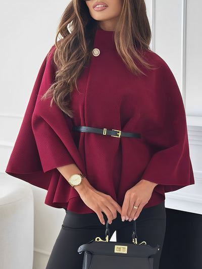 Mock Neck Belted Solid Color Cape Coat