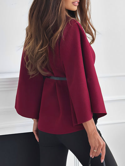 Mock Neck Belted Solid Color Cape Coat