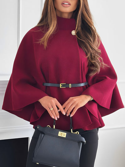 Mock Neck Belted Solid Color Cape Coat