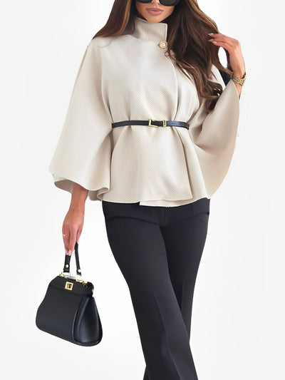 Mock Neck Belted Solid Color Cape Coat