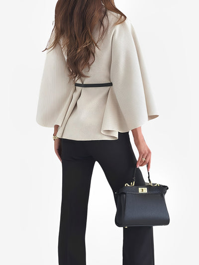 Mock Neck Belted Solid Color Cape Coat