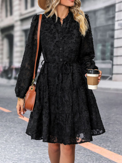 Long Sleeves Textured Button Down Tiered Shirt Dress