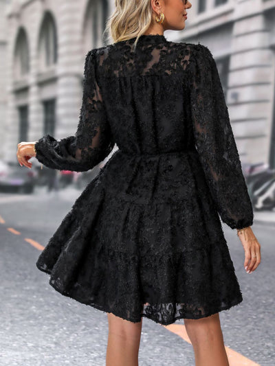 Long Sleeves Textured Button Down Tiered Shirt Dress