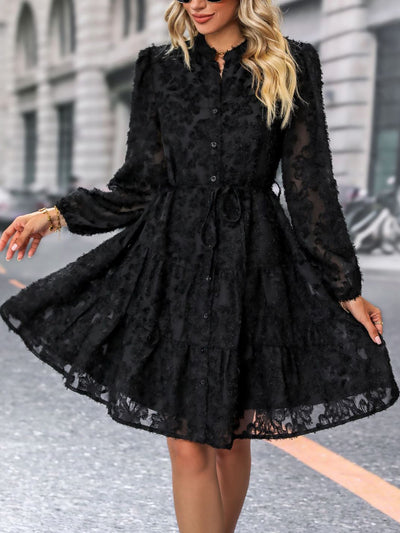 Long Sleeves Textured Button Down Tiered Shirt Dress