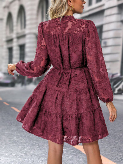 Long Sleeves Textured Button Down Tiered Shirt Dress