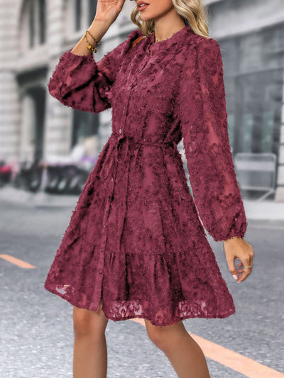 Long Sleeves Textured Button Down Tiered Shirt Dress