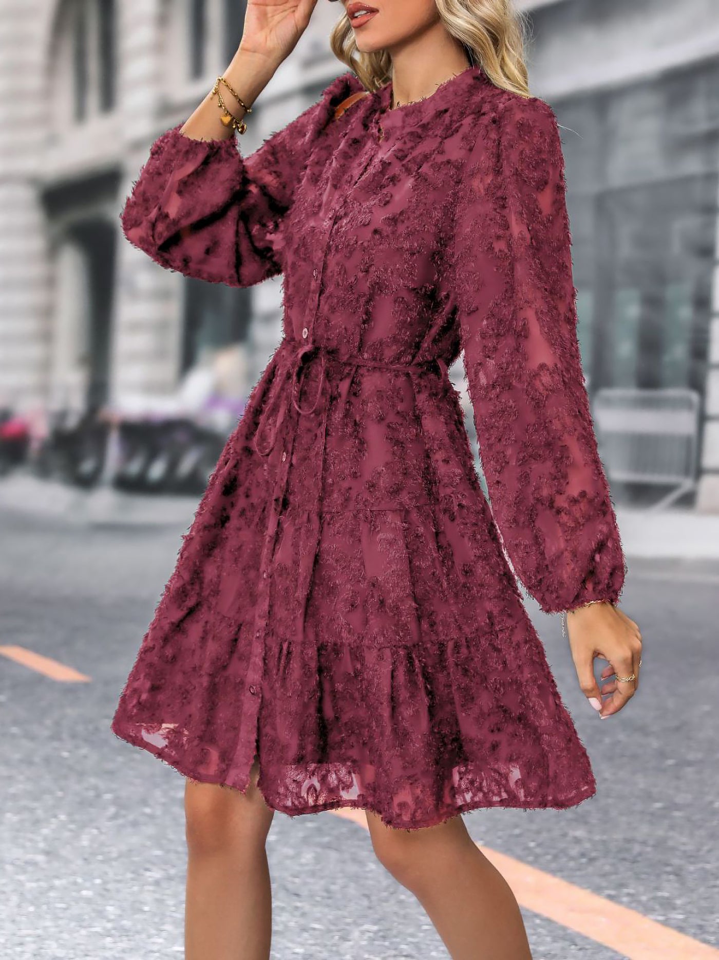 Allegra K Long Sleeves Textured Button Down Tiered Shirt Dress