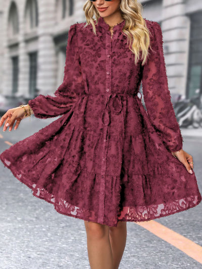 Long Sleeves Textured Button Down Tiered Shirt Dress