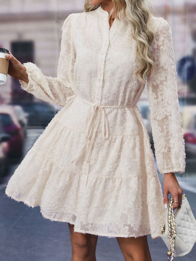 Long Sleeves Textured Button Down Tiered Shirt Dress