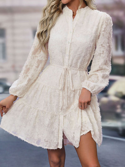 Long Sleeves Textured Button Down Tiered Shirt Dress