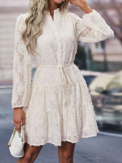 Long Sleeves Textured Button Down Tiered Shirt Dress