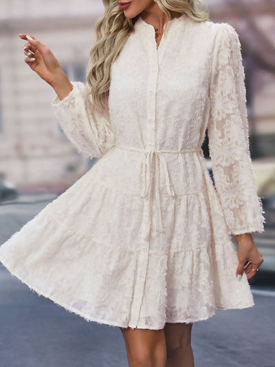 Long Sleeves Textured Button Down Tiered Shirt Dress