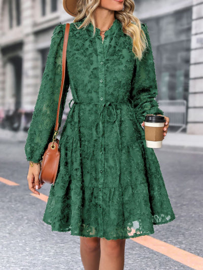 Long Sleeves Textured Button Down Tiered Shirt Dress