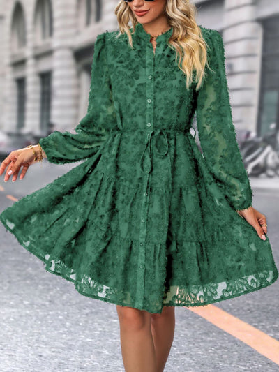 Long Sleeves Textured Button Down Tiered Shirt Dress