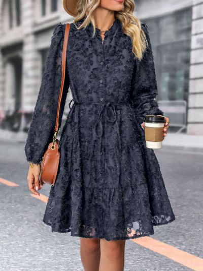 Long Sleeves Textured Button Down Tiered Shirt Dress