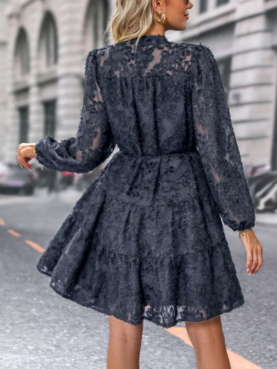 Long Sleeves Textured Button Down Tiered Shirt Dress