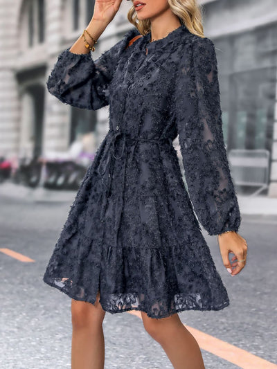 Long Sleeves Textured Button Down Tiered Shirt Dress