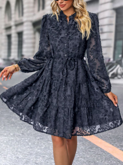 Long Sleeves Textured Button Down Tiered Shirt Dress