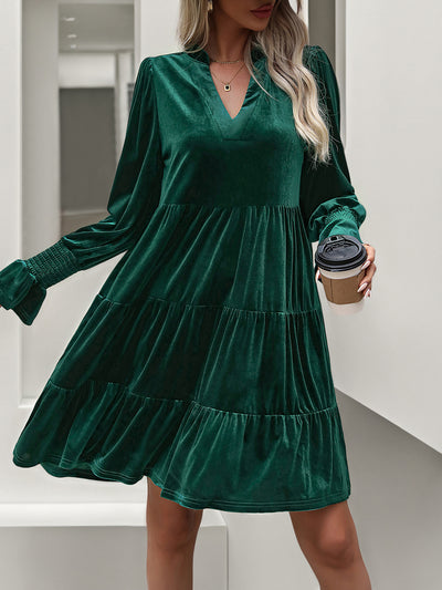 Velvet Notch Neck Long Sleeves Tiered Babydoll Dress