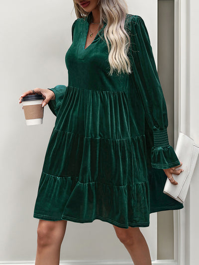 Velvet Notch Neck Long Sleeves Tiered Babydoll Dress