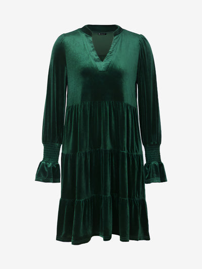 Velvet Notch Neck Long Sleeves Tiered Babydoll Dress