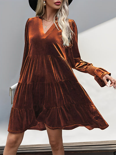 Velvet Notch Neck Long Sleeves Tiered Babydoll Dress