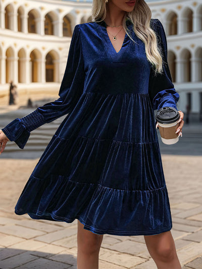 Velvet Notch Neck Long Sleeves Tiered Babydoll Dress