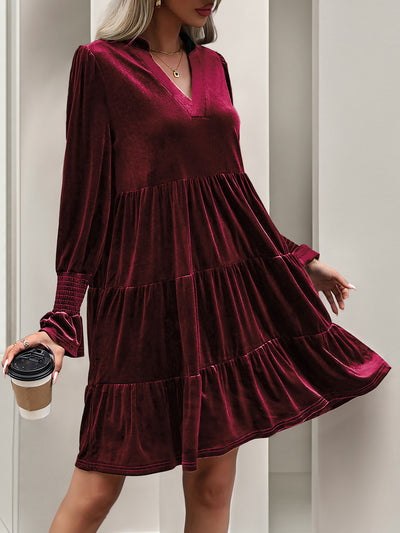 Velvet Notch Neck Long Sleeves Tiered Babydoll Dress