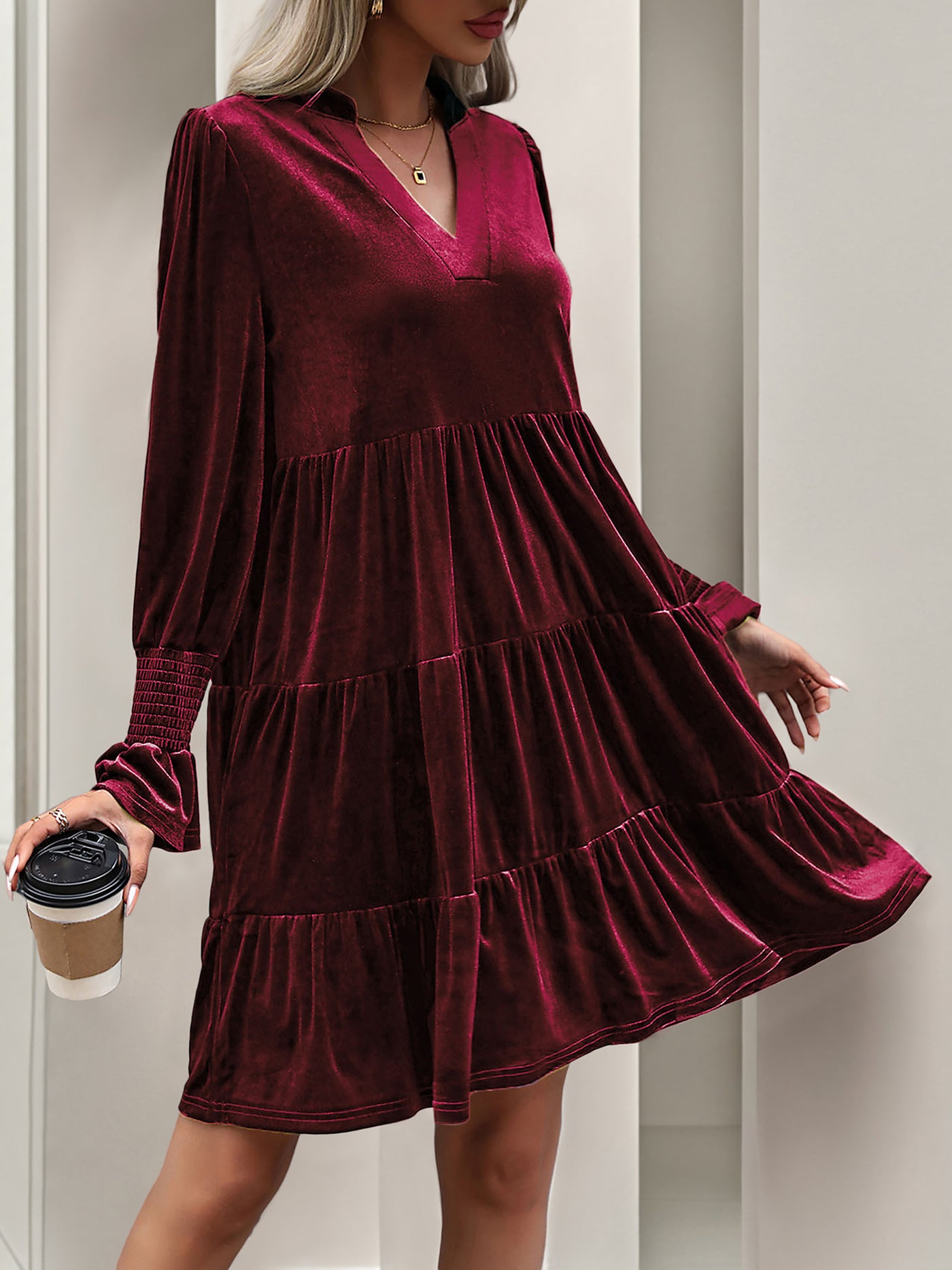 Allegra K Velvet Notch Neck Long Sleeves Tiered Babydoll Dress