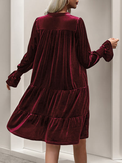 Velvet Notch Neck Long Sleeves Tiered Babydoll Dress