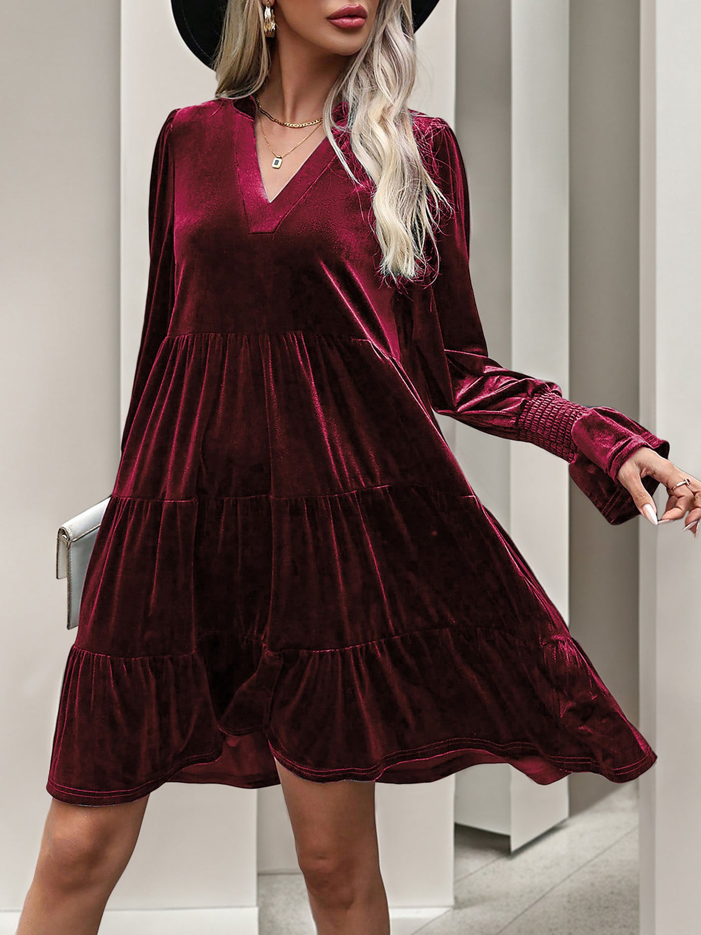 Allegra K Velvet Notch Neck Long Sleeves Tiered Babydoll Dress