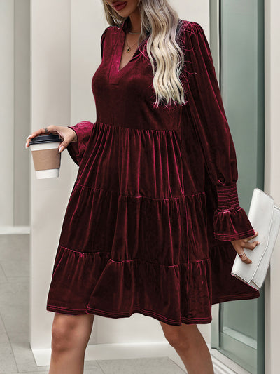 Velvet Notch Neck Long Sleeves Tiered Babydoll Dress